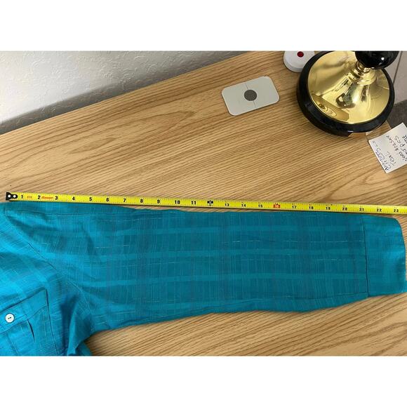 Additions by Chico Sz 1 Teal Woven Silver Threads Adjustable Long Sleeve Blouse - Picture 12 of 13